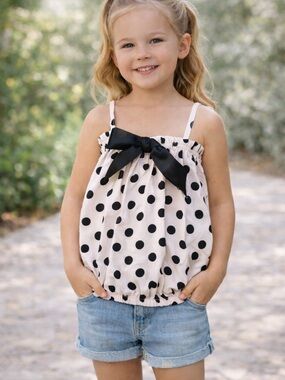 Girls Polka Dot Bow Tank Top - Black & pink